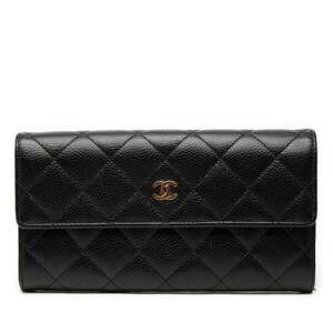 CHANEL Authentic Black Caviar Leather Logo Wallet